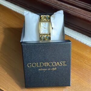 Gold Coast watch bangle bracelet with abalone and rhinestone accents